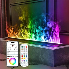 Black electric fireplace corner with colorful simulated flame vapor effect