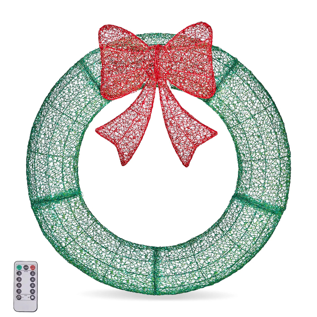 Green pre-lit metal wreath with red bow and remote control shown
