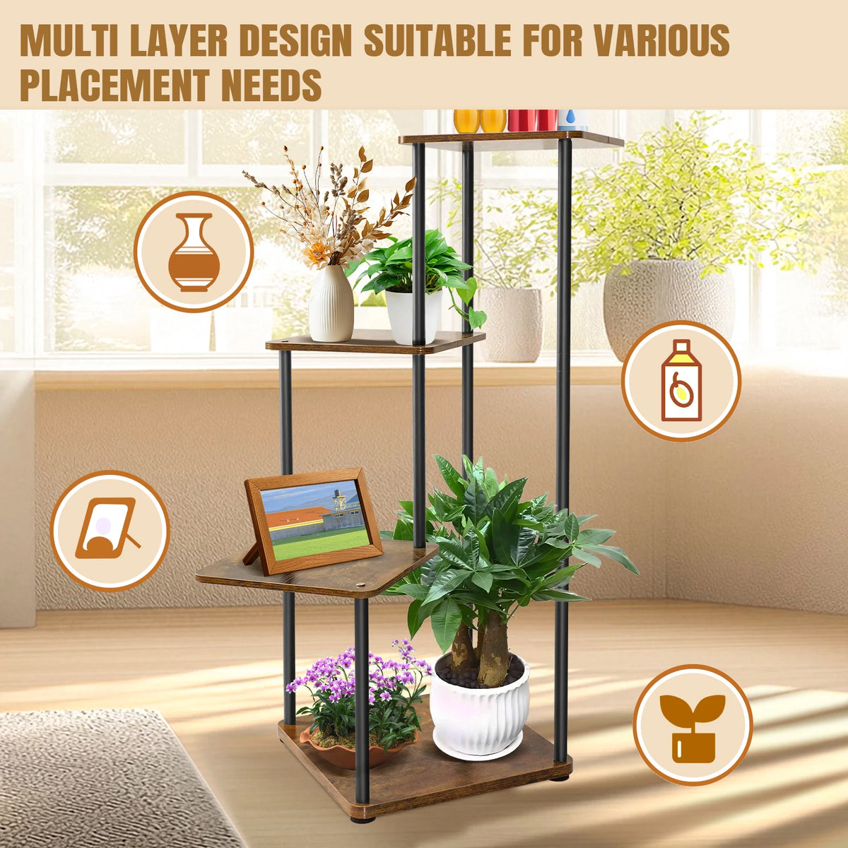 Multi-tier metal plant stand with wooden shelves and black frame for indoor plants