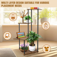 Multi-tier metal plant stand with wooden shelves and black frame for indoor plants