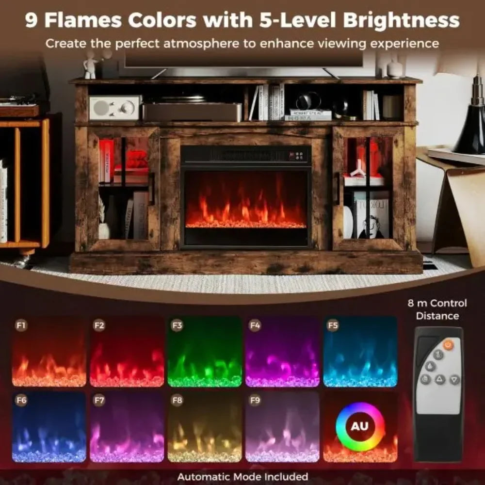 Brown fireplace TV stand with adjustable flame colors and 5-level brightness control.