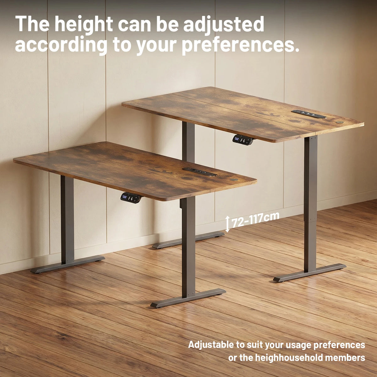 Height-adjustable desk shown at two heights with wood top and steel frame