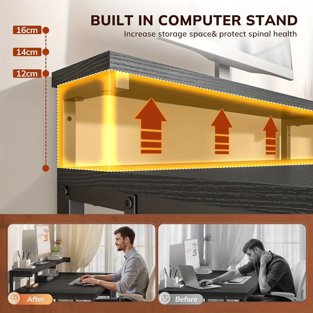 Compact computer desk with built-in computer stand and under-desk storage
