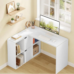 White L-shaped corner desk with built-in 6-compartment bookcase and shelves.