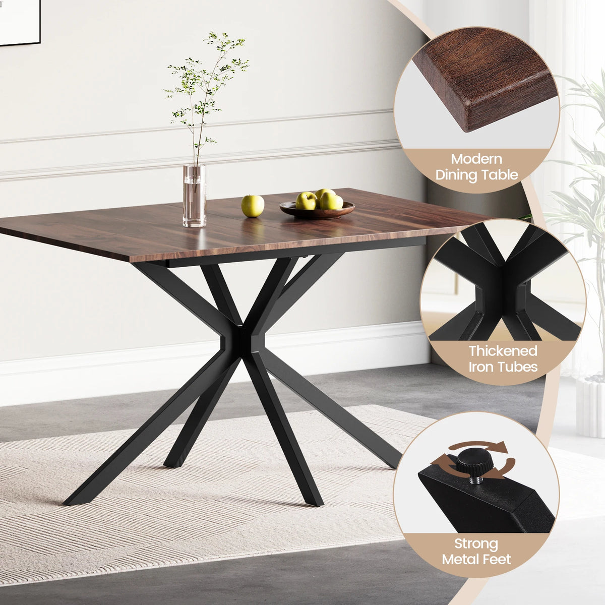 Rectangular dining table with X-style metal base, dark wood top and thick edge details