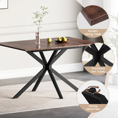 Rectangular dining table with X-style metal base, dark wood top and thick edge details