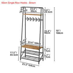 Coat rack shoe bench size diagram with single-row hooks, brown frame, bench and shoe shelves