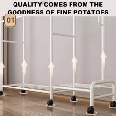 White clothing rail with hanging bars, height markings, and caster wheels