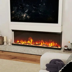 Black recessed electric fireplace insert with orange flame effect in stone surround