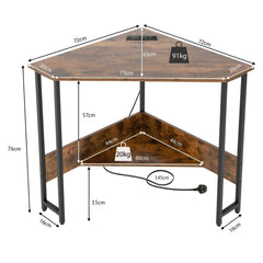 GOFLAME 90-degree triangle corner desk, brown tabletop with lower open shelf and black frame
