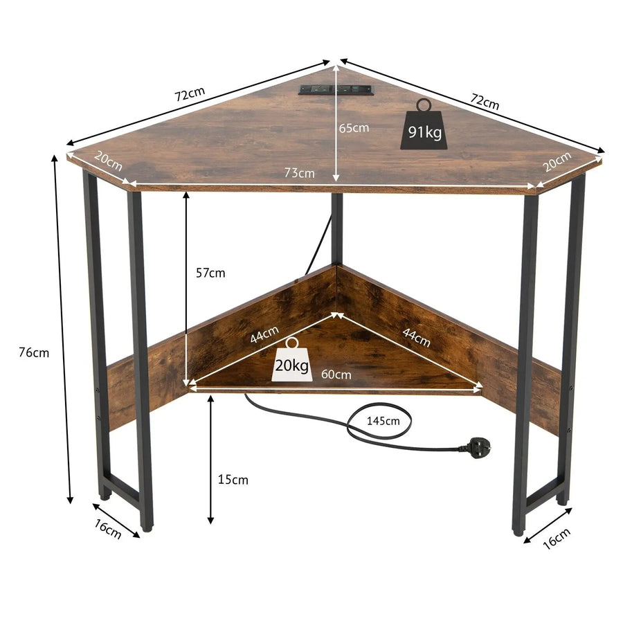 GOFLAME 90-degree triangle corner desk, brown tabletop with lower open shelf and black frame