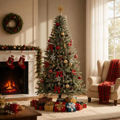 Artificial Christmas tree with green PVC tips, red and gold ornaments, pre-lit glow
