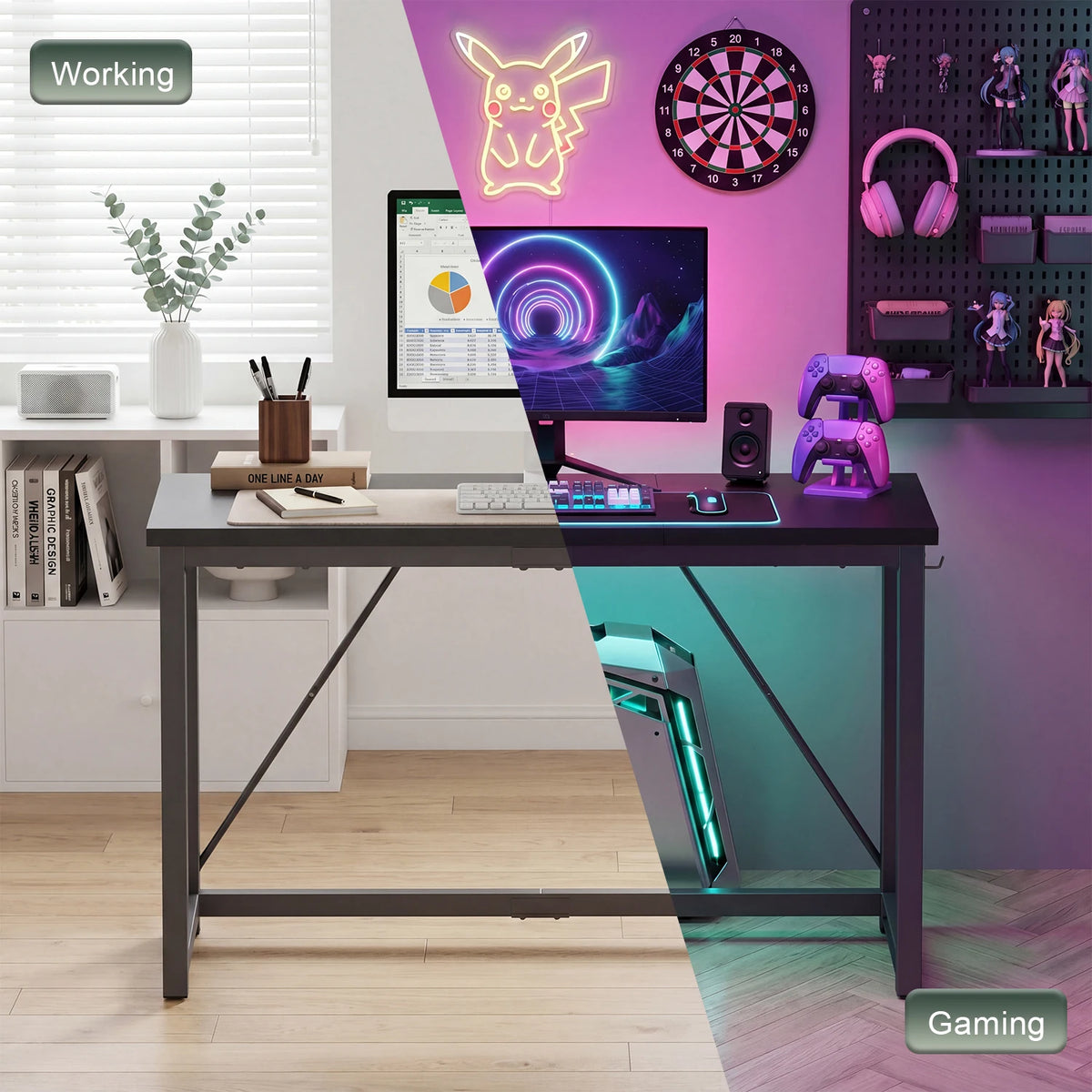 Black computer desk with wide tabletop and metal legs for gaming or work
