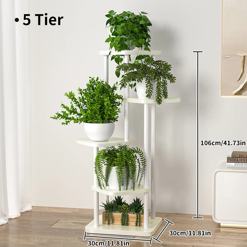 Five-tier white plant stand with stacked shelves for flower pots and planters