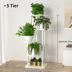 Five-tier white plant stand with stacked shelves for flower pots and planters