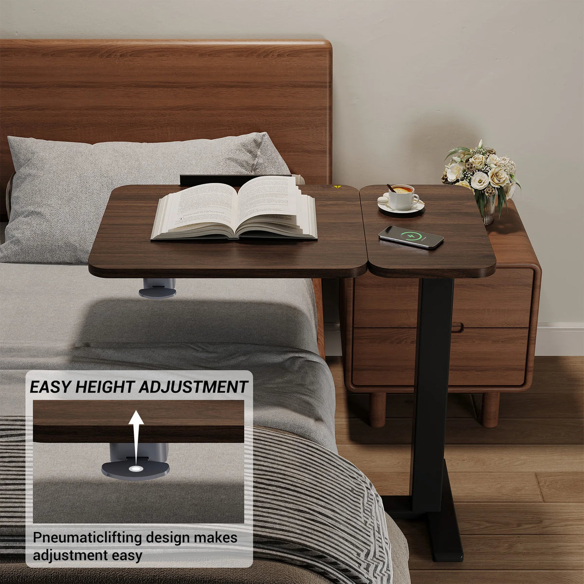Overbed desk with tilting tabletop and black base near bed