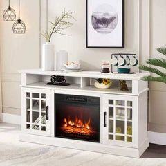 White electric fireplace TV stand with 2 side cabinets and central flame-effect firebox