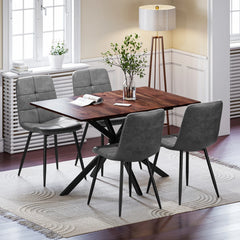 Rectangular dining table with 4 upholstered chairs, gray upholstery and black metal table base