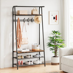 Entryway coat rack shoe bench with black steel frame, hanging hooks, and shoe storage shelves