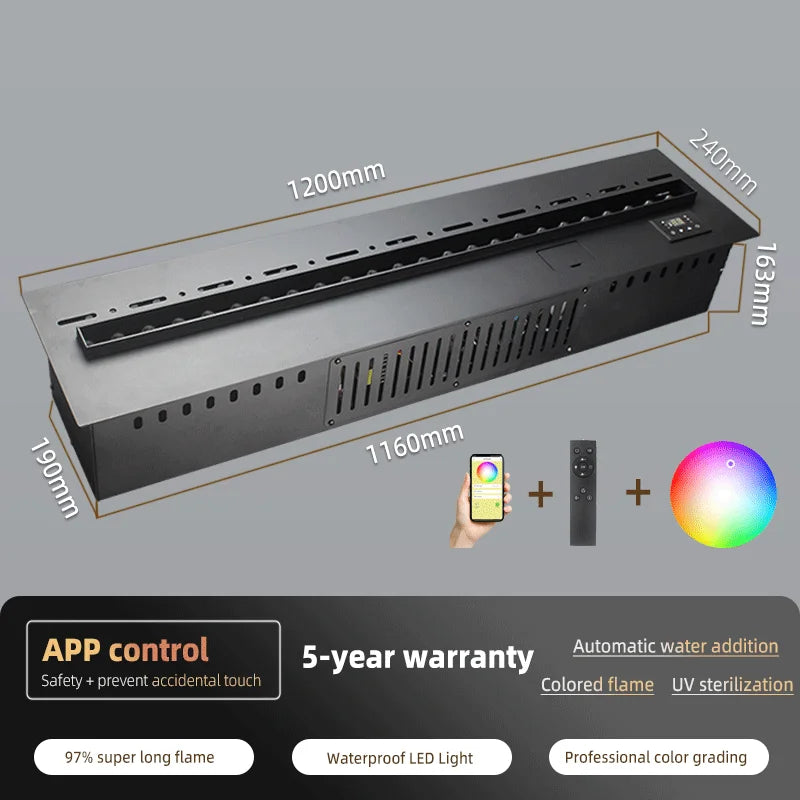 Black linear mist fireplace with labeled dimensions: 1200mm length and remote icon