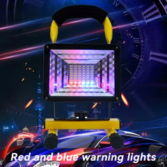 Portable LED flood light showing red and blue warning light glow on the panel