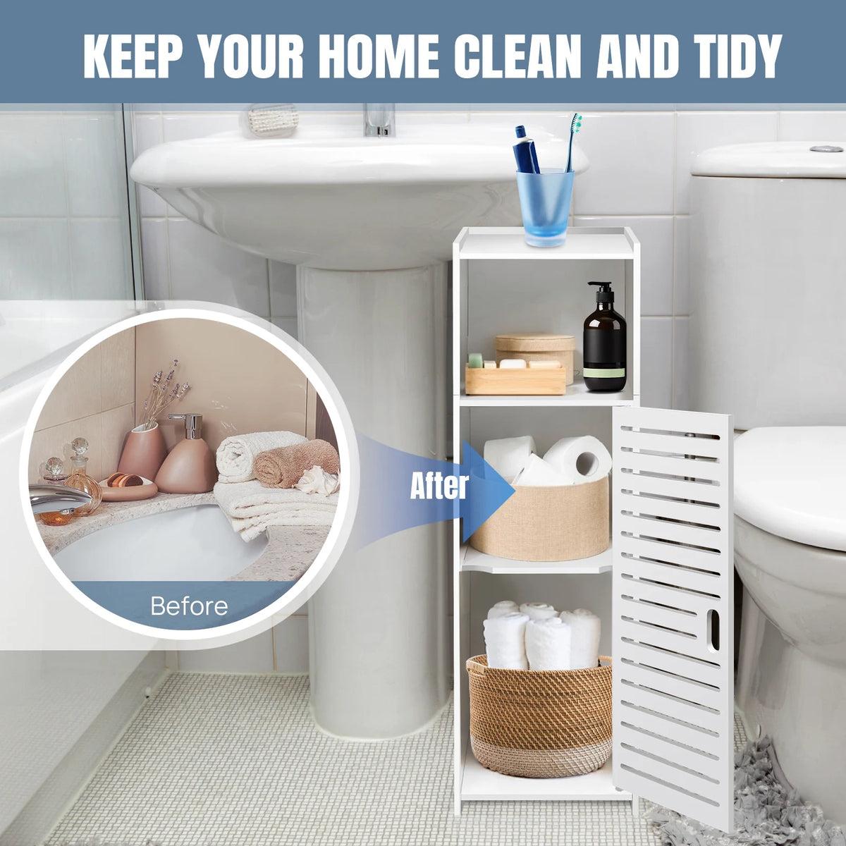 White slim bathroom storage cabinet with 3 shelves and hinged louvered door