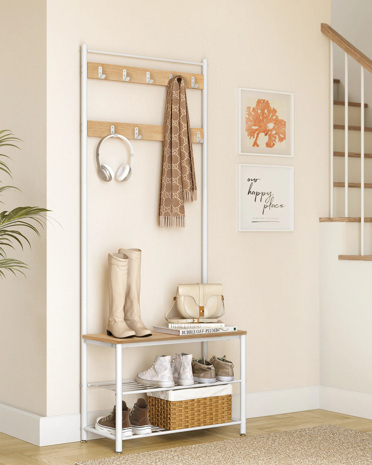 White coat stand with shoe rack, 9 hooks and shoe bench shelves