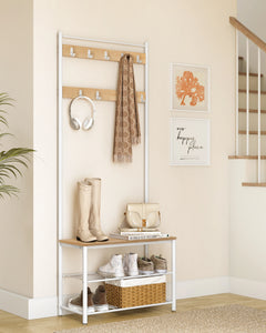 White coat stand with shoe rack, 9 hooks and shoe bench shelves