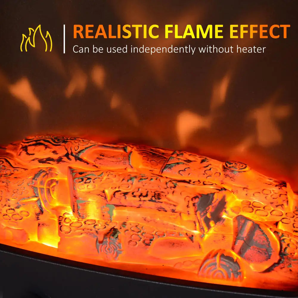 Close-up of glowing orange flame effect inside black electric fireplace glass window.