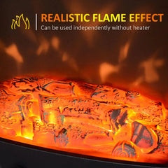 Close-up of glowing orange flame effect inside black electric fireplace glass window.