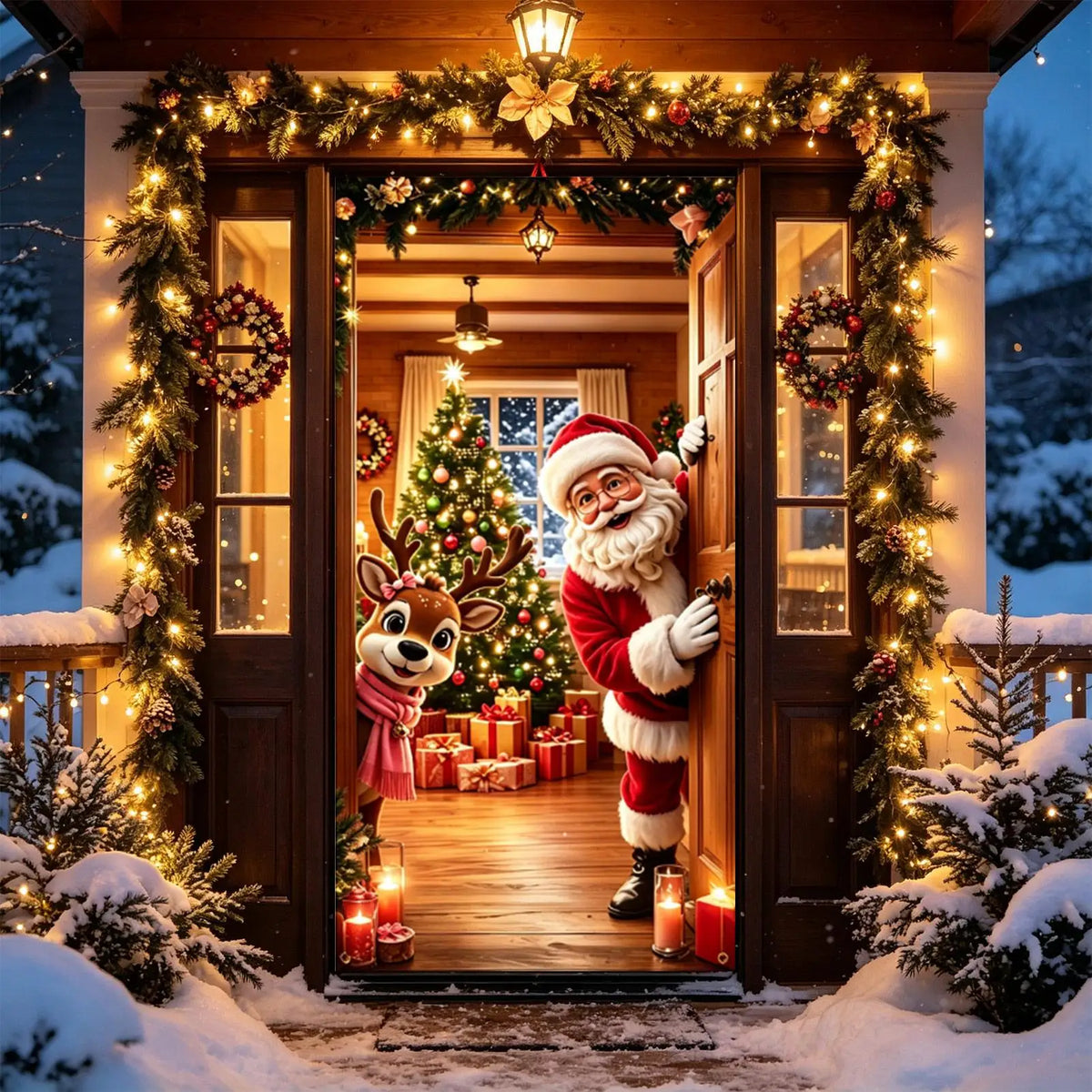 Full-length Christmas door banner showing Santa and reindeer in a doorway scene