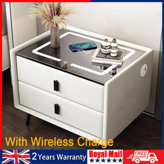 Cream white smart bedside table with two drawers and LED wireless charging top