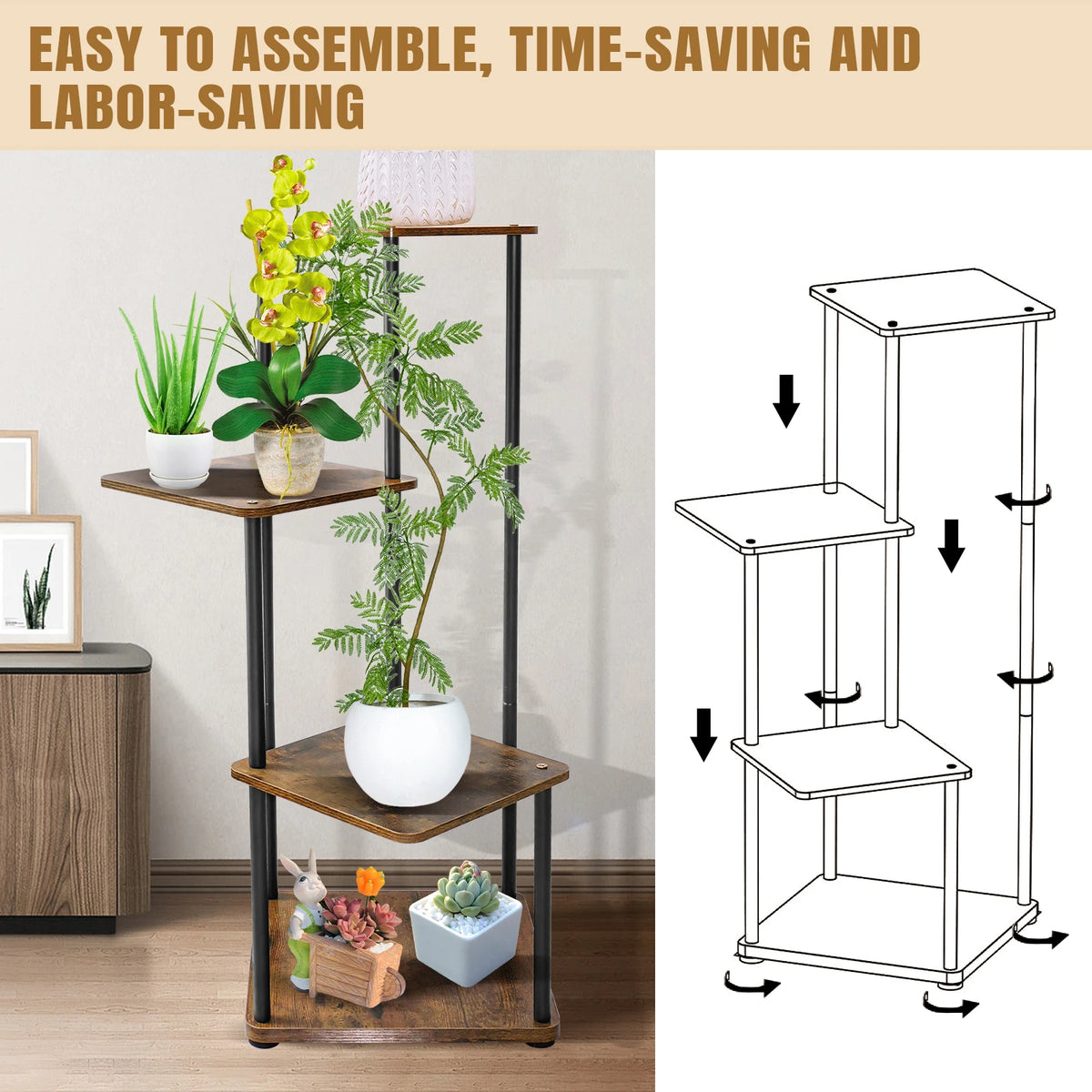 Multi-tier plant stand with wooden shelves and black metal frame, shown with a plant