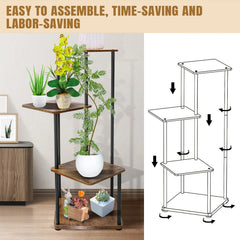 Multi-tier plant stand with wooden shelves and black metal frame, shown with a plant