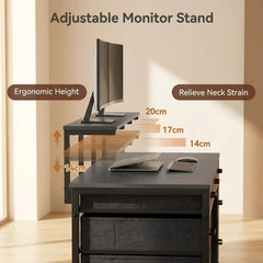 Black adjustable monitor stand on desk with step height levels