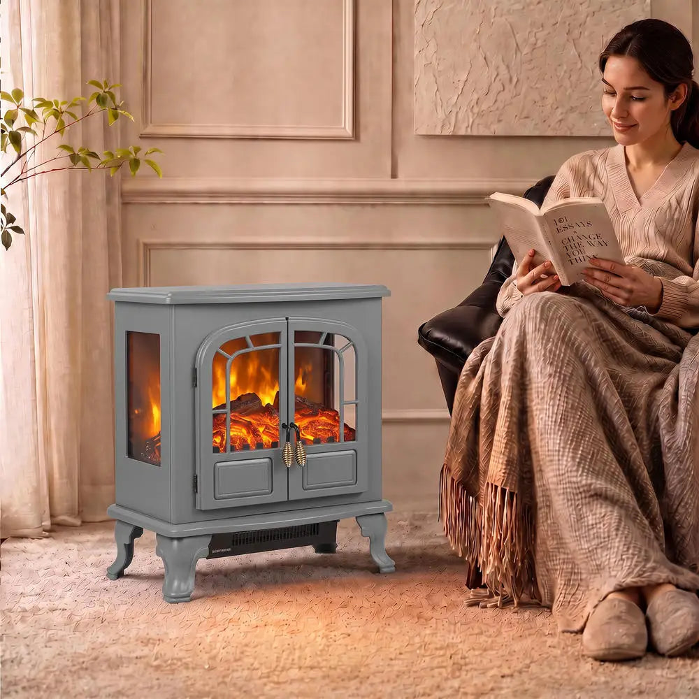 Grey freestanding electric fireplace stove heater with arched glass doors and LED flame effect