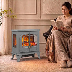 Grey freestanding electric fireplace stove heater with arched glass doors and LED flame effect