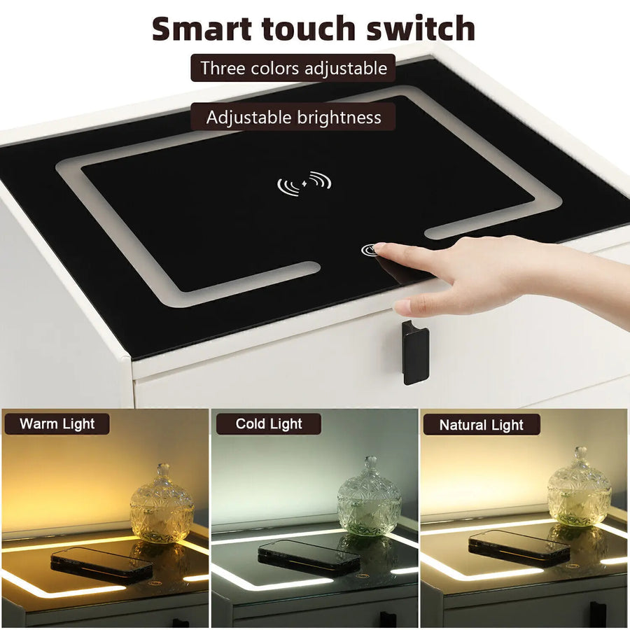 Cream white bedside table with touch switch and adjustable three-color LED light