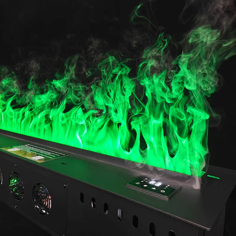 Black electric fireplace with vivid green LED flame effect