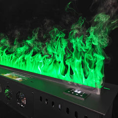 Black electric fireplace with vivid green LED flame effect