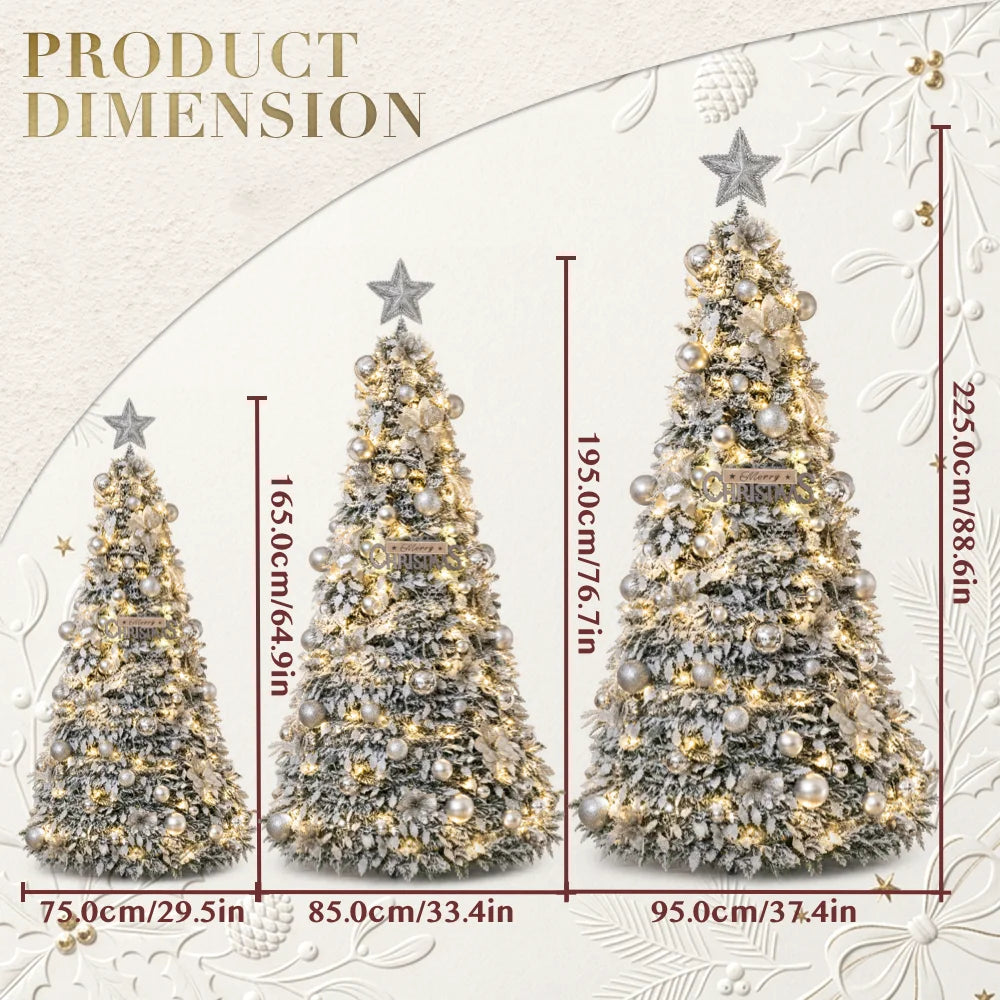 Pre-lit pop-up Christmas tree size chart with warm LED lights and silver baubles