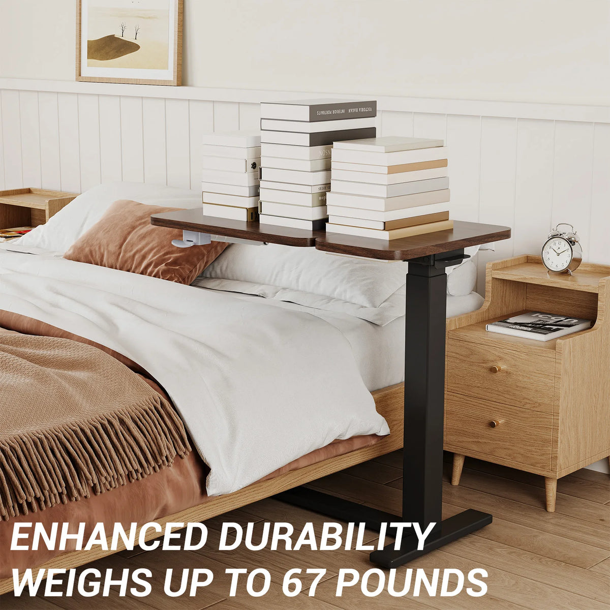Height-adjustable overbed side table with dark tabletop and black support legs