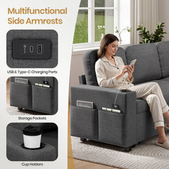 Dark grey fabric sofa bed with side armrests featuring USB charging and storage pockets