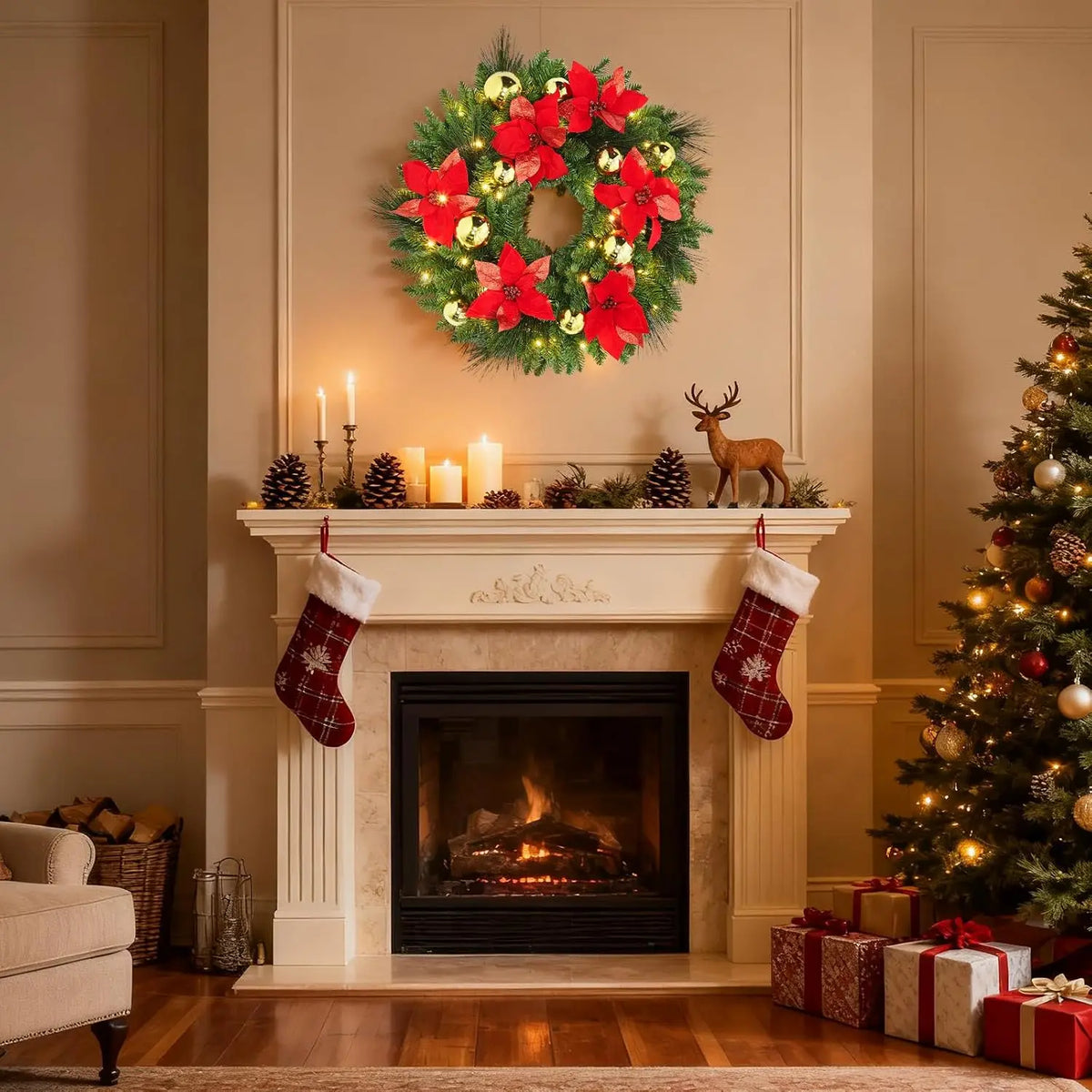 Circular Christmas vine wreath with pine greenery, red poinsettias, and warm lights