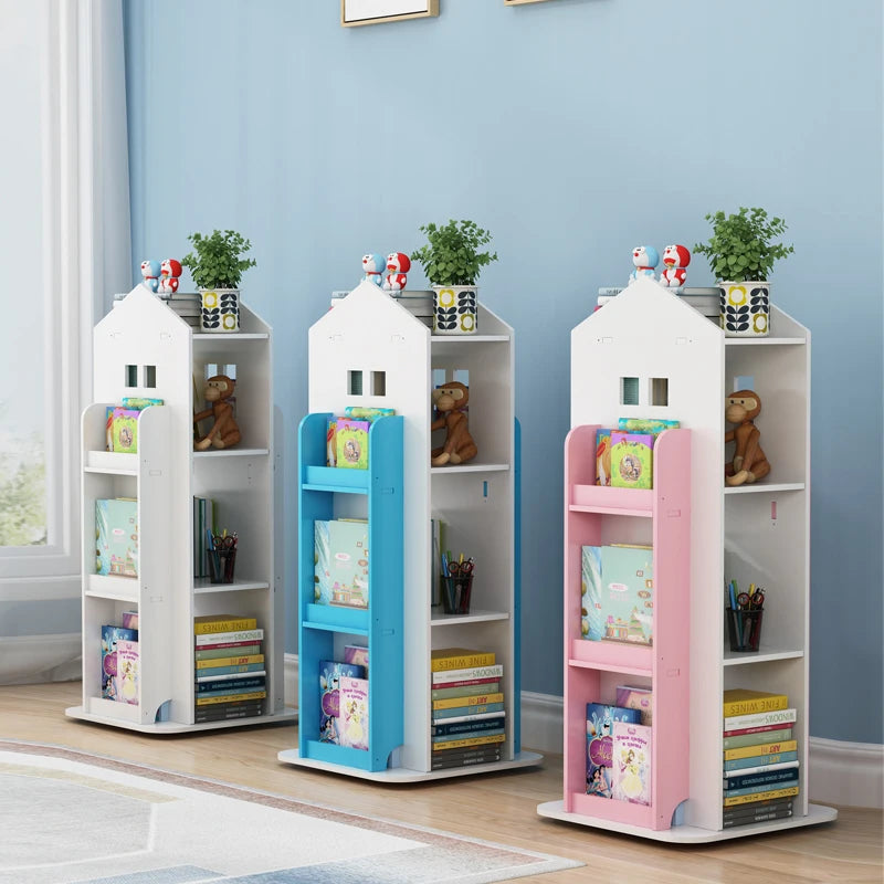 Breeins kids' rotating house-frame bookshelf set with white, blue, and pink storage