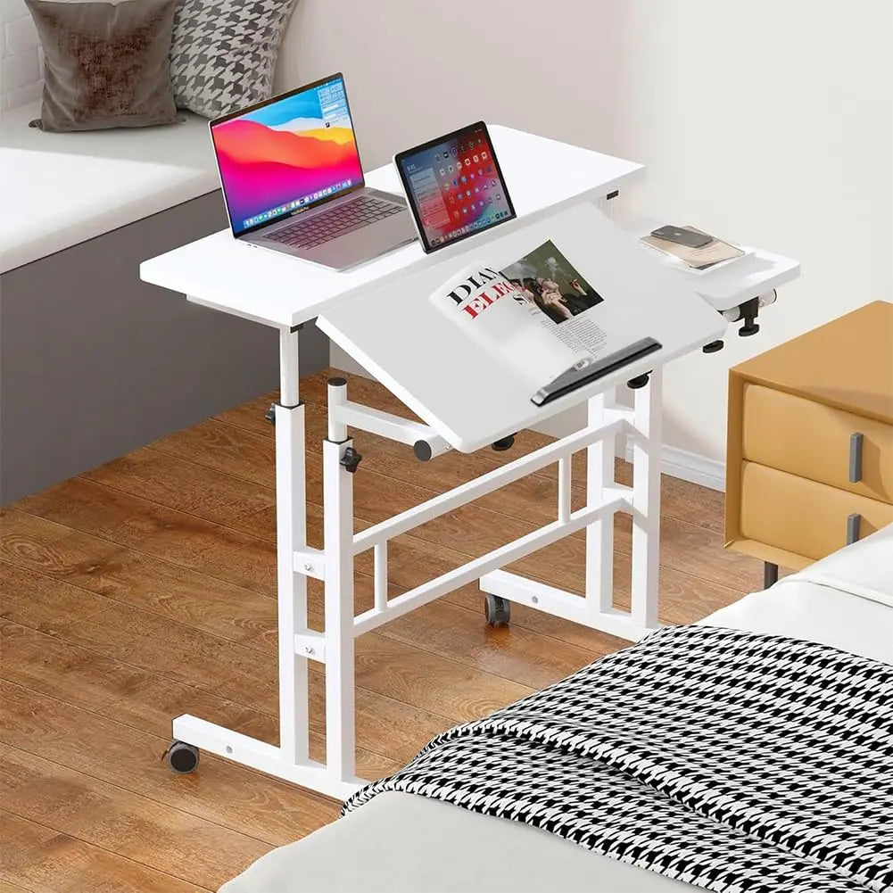 White tilting mobile standing desk workstation with caster wheels and side shelf