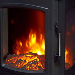 Freestanding electric fireplace heater viewing window close-up with LED flame, dark housing