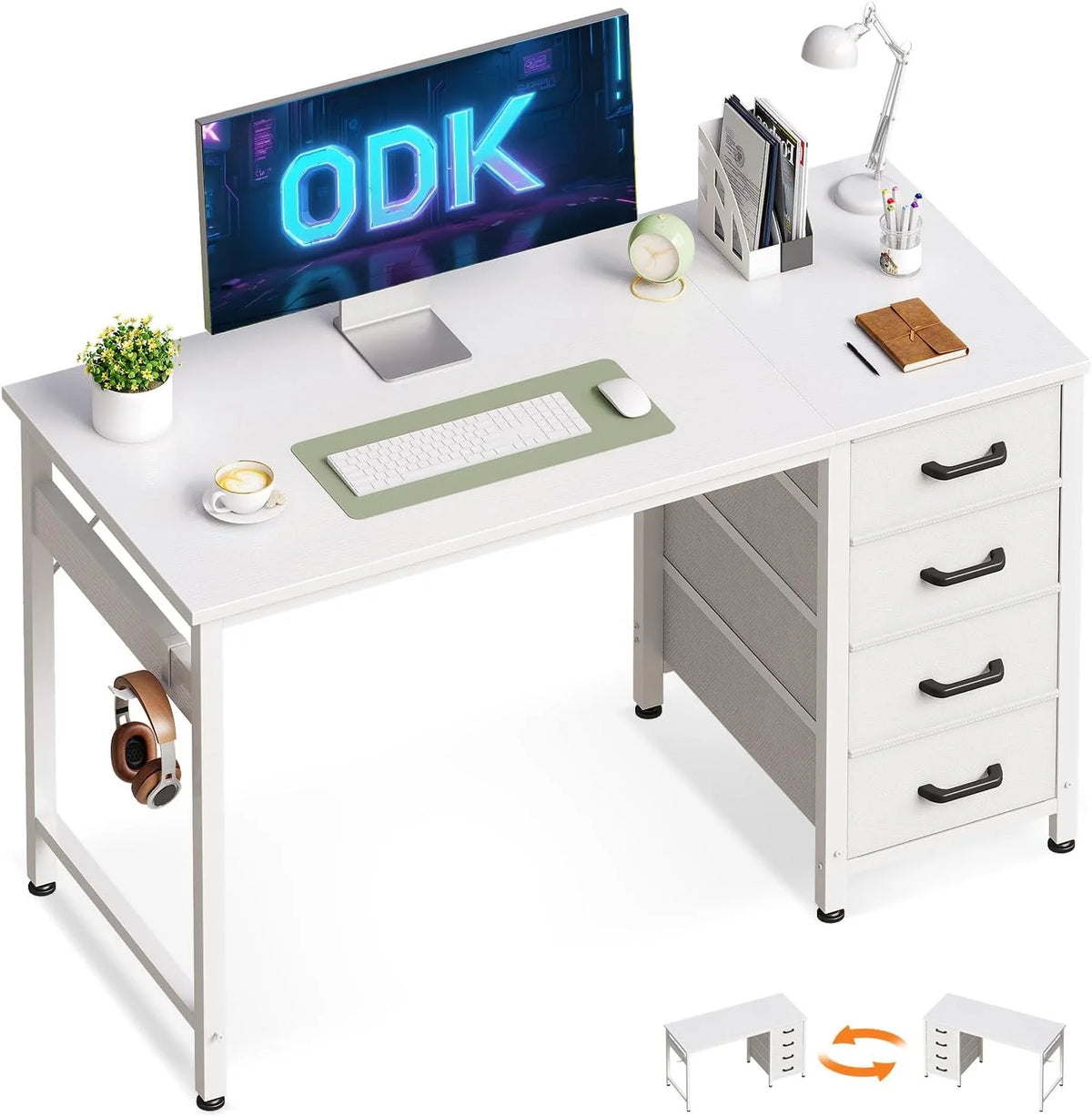 White rectangular computer desk with monitor area, side drawers, and headphone stand.