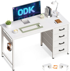 White rectangular computer desk with monitor area, side drawers, and headphone stand.