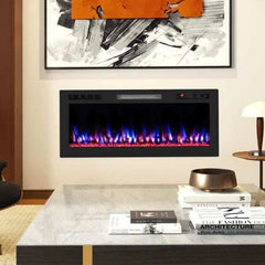 Black recessed electric fireplace insert with vivid blue and purple flame display